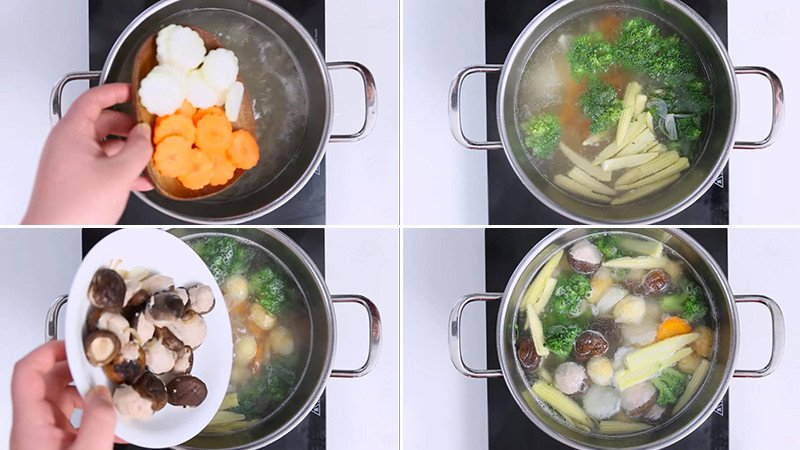 Nồi canh mọc thập cẩm đang sôi với các loại rau củ và mọc