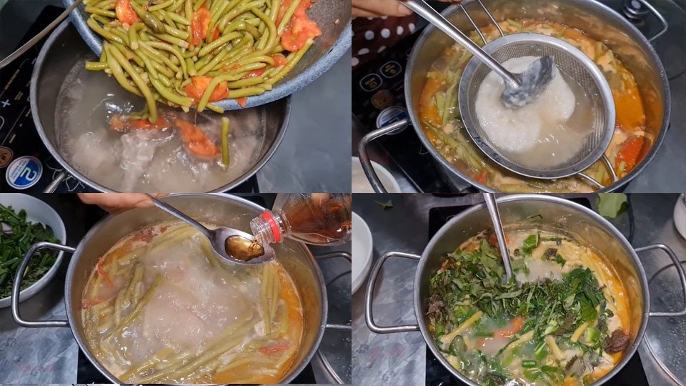 Nồi canh ngó khoai đang được nấu sôi, chuẩn bị cho mẻ vào