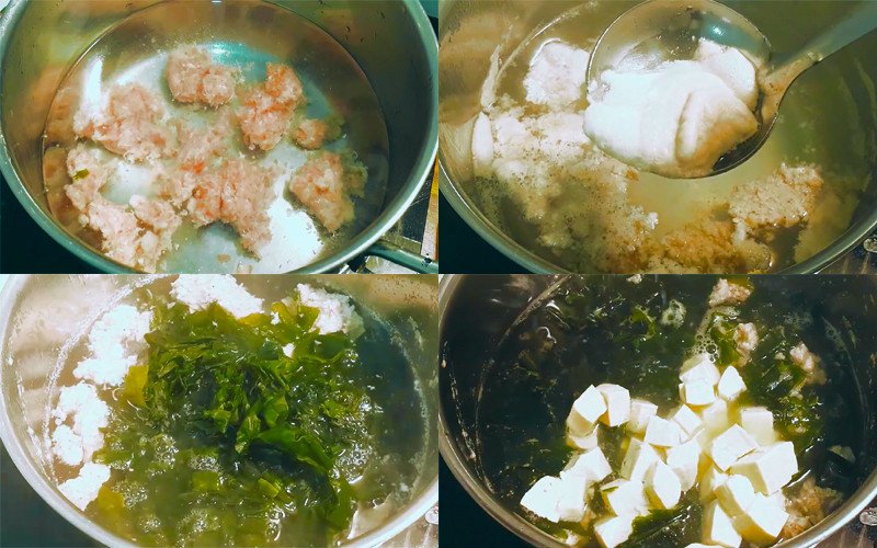 Nồi canh rong biển đậu phụ đang sôi nhẹ trên bếp