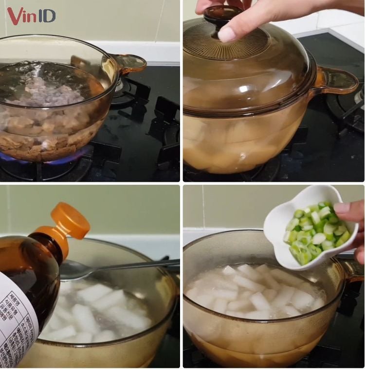 Nồi canh thịt bò củ cải kiểu Hàn Quốc đang hầm trên bếp
