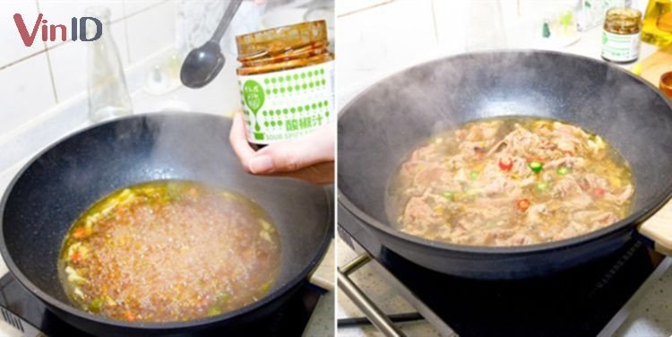 Nồi canh thịt bò nấm kim châm đang nấu cùng sốt ớt chuông