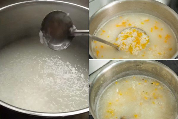 Nồi cháo bí đỏ đậu xanh thịt băm đang sôi