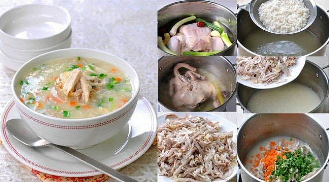 Nồi cháo gà đơn giản đang nấu trên bếp, bốc khói thơm lừng
