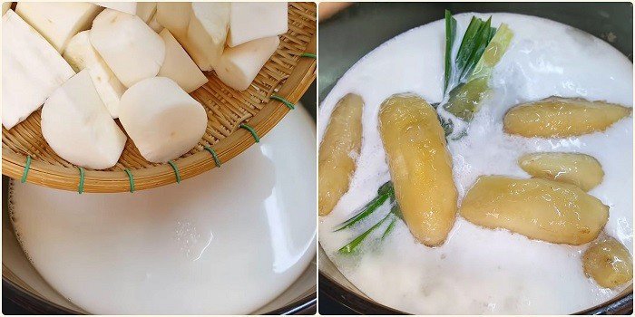 Nồi chè chuối thập cẩm đang sôi với sắn và nước cốt dừa