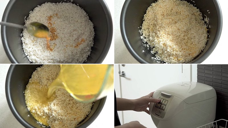 Nồi cơm điện đang nấu cơm gà với nước luộc gà và dầu nghệ cho màu vàng đẹp mắt