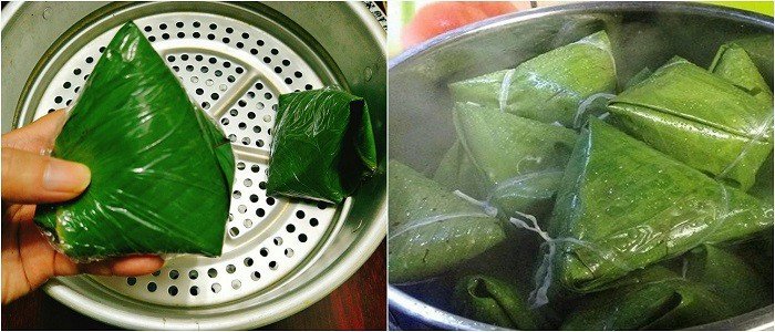 Nồi hấp với nhiều chiếc bánh giò đang được hấp chín