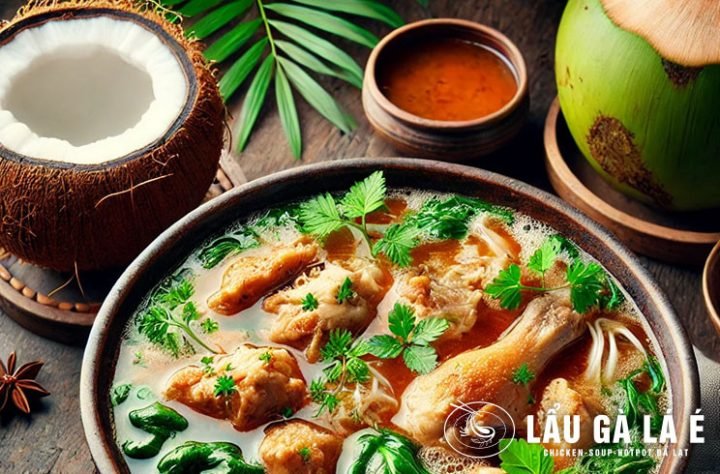 Nồi lẩu gà lá é nước dừa thơm lừng đang sôi sục trên bếp
