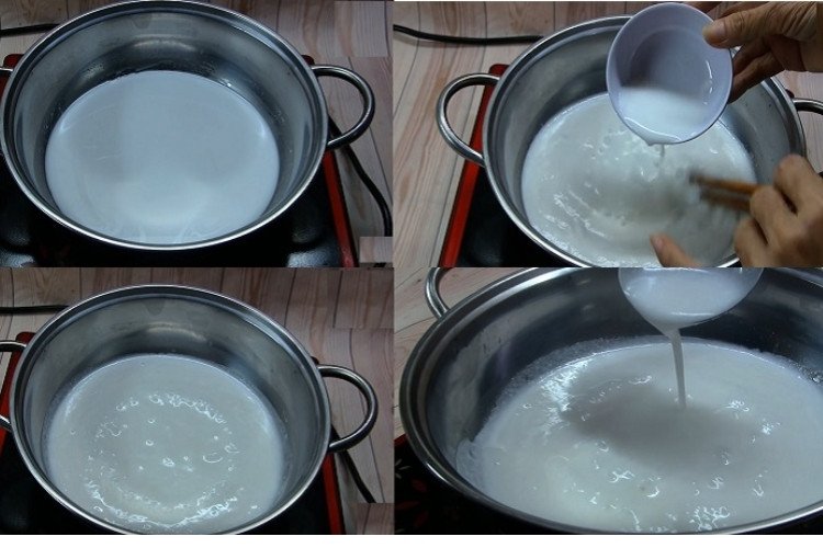 Nồi nước cốt dừa đang sôi nhẹ trên bếp, toả hương thơm lừng, thể hiện **cách nấu nước cốt dừa ngon**