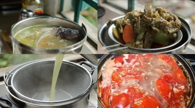 Nồi nước dùng bún cá rô phi sôi sục với cà chua thái múi cau và gia vị