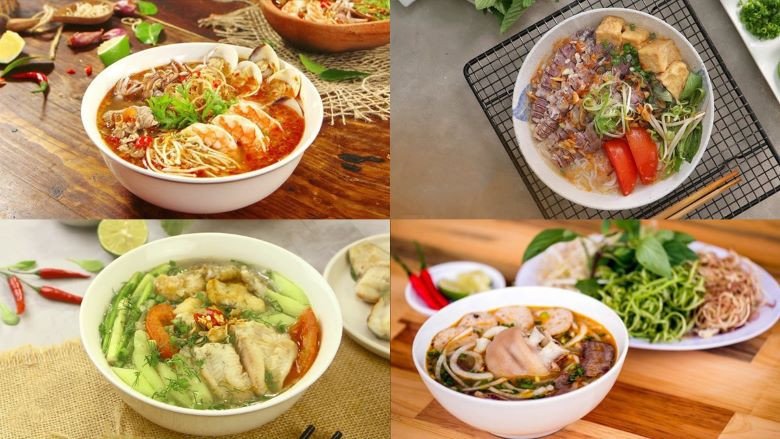 Nồi nước dùng bún đang ninh với xương và rau củ