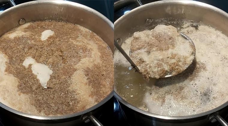 Nồi nước dùng bún riêu cua đang sôi nhẹ, riêu cua nổi đẹp mắt