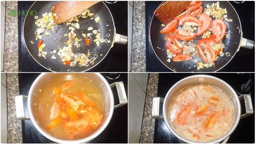 Nồi nước dùng mẻ chua thanh đang sôi để nhúng thịt trâu và rau sống
