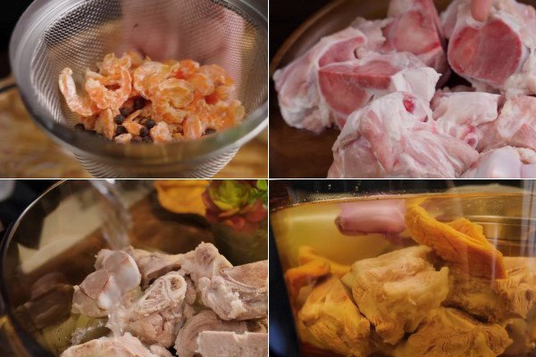 Nồi nước dùng mì hoành thánh đang được ninh xương và các gia vị thơm lừng