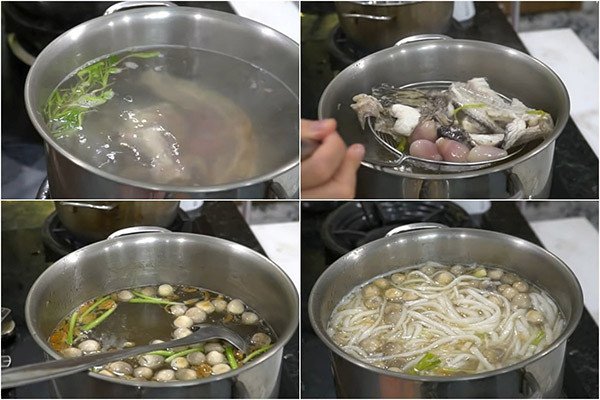 Nồi nước dùng thơm lừng đang sôi, chuẩn bị cho món bánh canh cá lóc