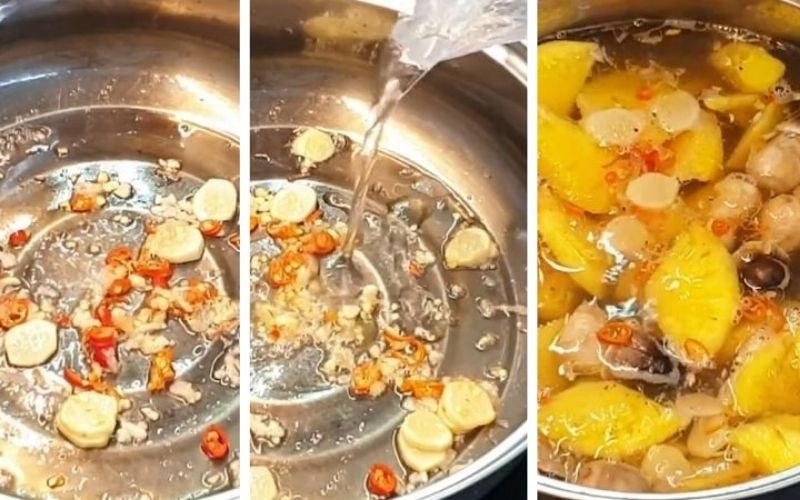 Nồi nước lẩu đang sôi với các loại gia vị tạo nên hương vị đặc trưng