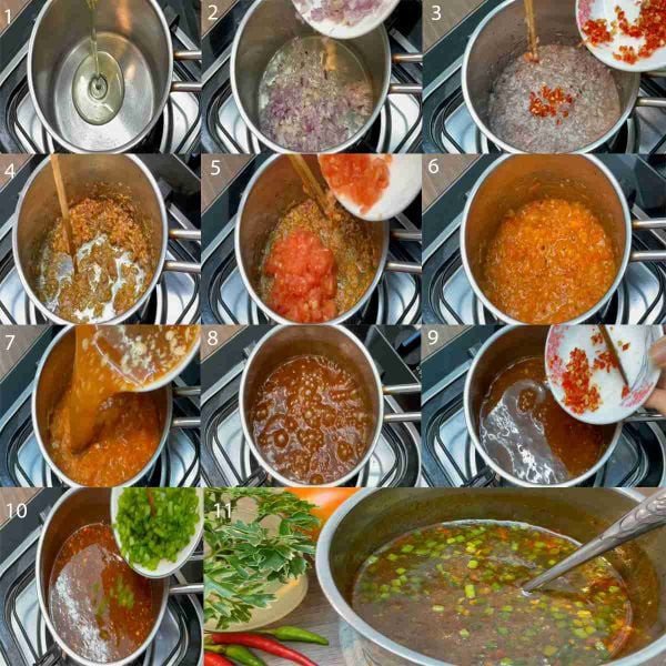 Nồi nước sốt bánh mì pate đang sôi nhẹ, chuẩn bị hoàn thành với màu sắc hấp dẫn và rắc thêm hành lá, tăng thêm hương vị đậm đà cho món ăn.