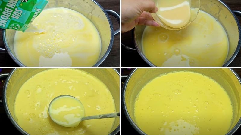 Nồi sữa bắp lá dứa đang được nấu trên bếp