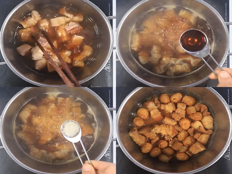 Nồi thịt kho tàu đang được ninh trên bếp, miếng thịt mềm nhừ hòa quyện gia vị thơm lừng.
