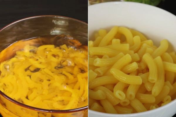 Nui đang được luộc chín tới, sẵn sàng cho món nui thịt bằm