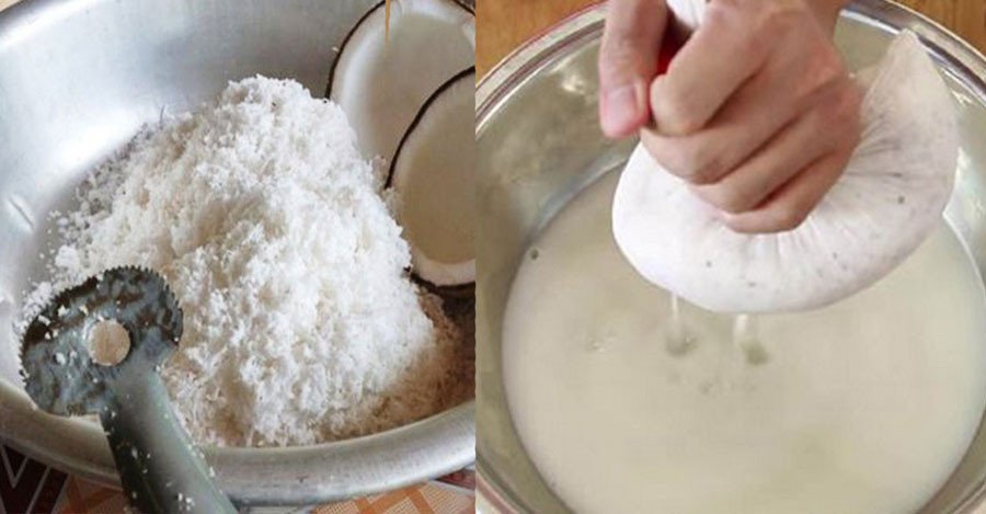 Nước cốt dừa tươi được vắt từ cùi dừa khô, chuẩn bị cho cách nấu xôi vò nước dừa