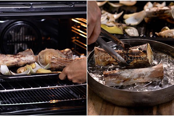Nướng xương và rau củ tạo hương thơm đặc trưng cho nước dùng phở bò