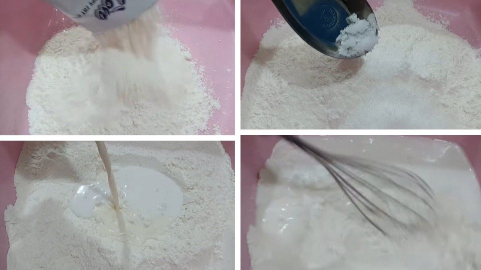 Pha trộn các loại bột và nguyên liệu lỏng để làm bánh khoai lang chiên