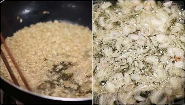 Phi hành tím, tỏi và ớt với dầu điều để tạo sốt cho bánh tráng trộn tắc