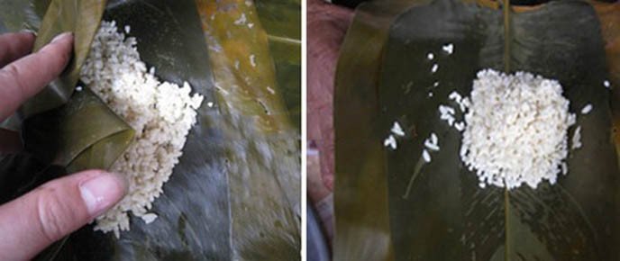 Quá trình gói bánh gio mật mía bằng lá dong tỉ mỉ