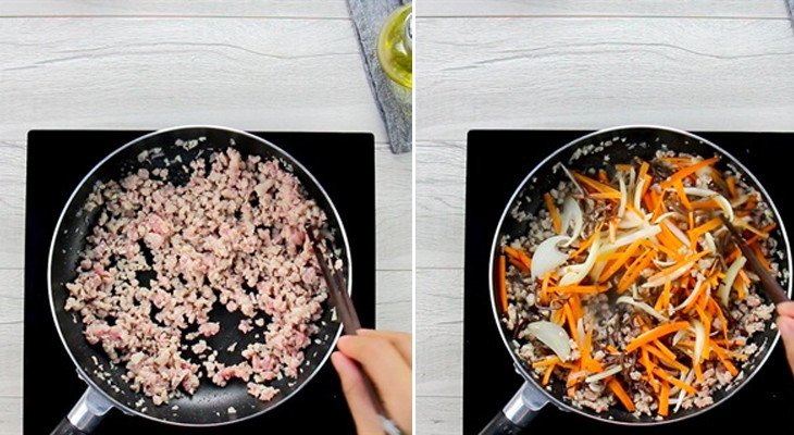 Quá trình xào miến với thịt băm và rau củ