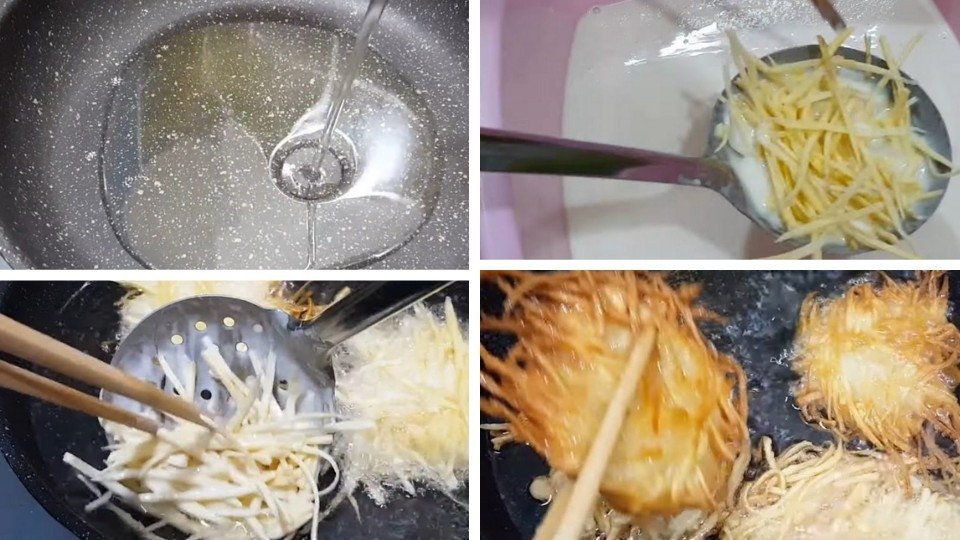 Quy trình chiên bánh khoai lang sợi trong chảo dầu