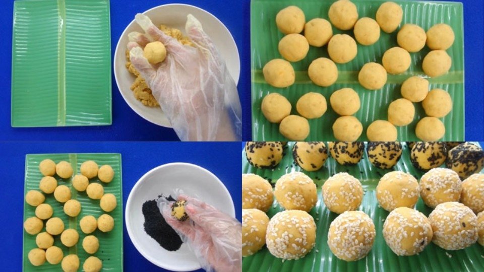 Quy trình tán nhuyễn khoai lang và trộn đều các loại bột