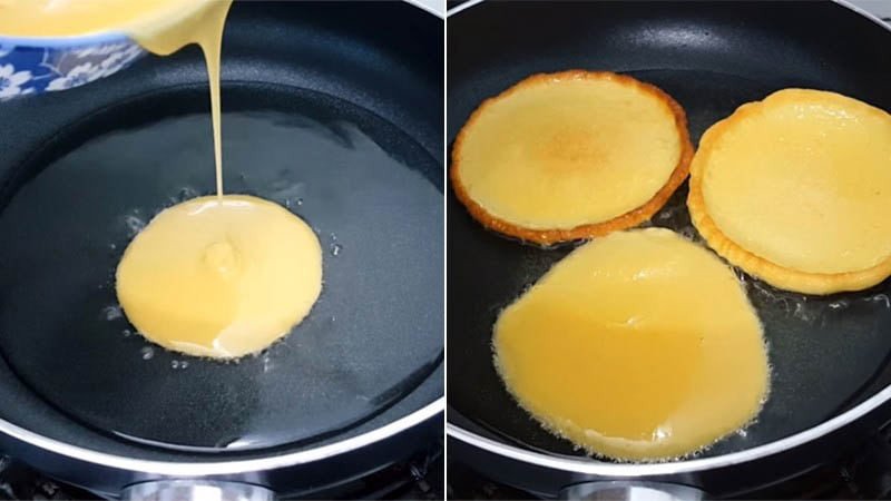 Rán bánh bột mì trên chảo nóng, bánh bắt đầu chuyển màu vàng đẹp mắt