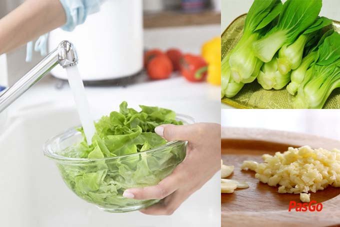 Rau cải đã được sơ chế sạch sẽ, cắt khúc và để ráo nước chuẩn bị cho món xào