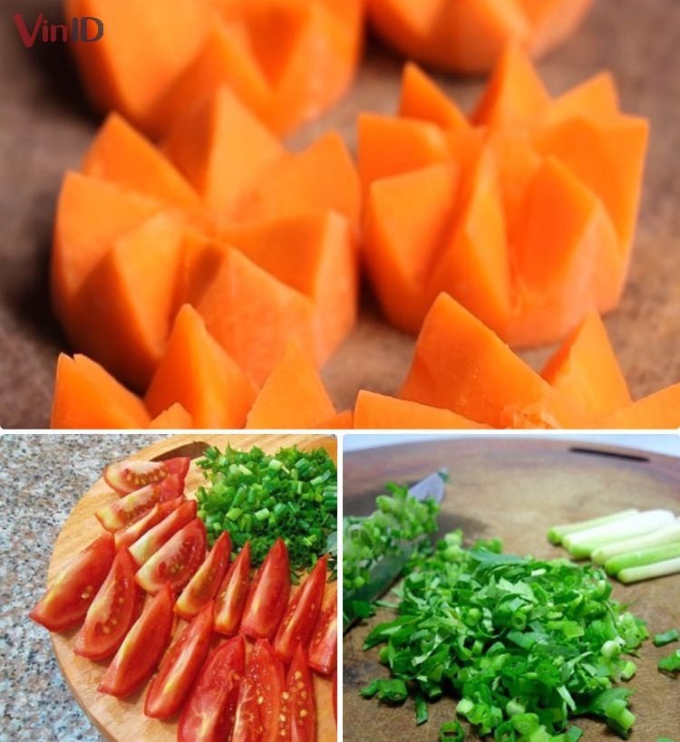 Rau củ như cà chua, cà rốt và hành lá đã sơ chế sạch sẽ
