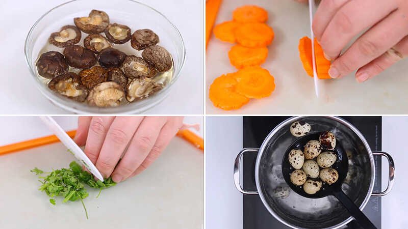 Rau củ và trứng cút đã sơ chế chuẩn bị nấu canh mọc thập cẩm