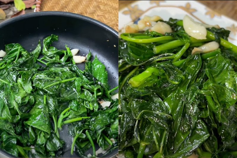 Rau mì chính xào tỏi đã hoàn thành