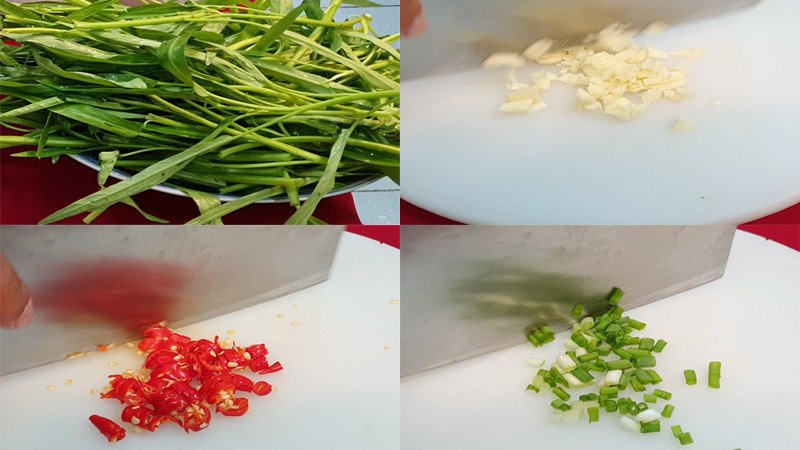 Rau muống đã nhặt và rửa sạch, tỏi ớt băm nhỏ, chuẩn bị cho món thịt trâu xào