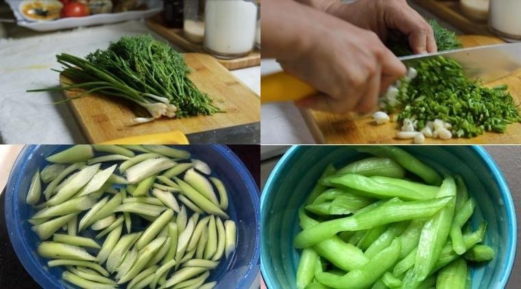 Rau thì là, hành lá cắt khúc và dọc mùng đã sơ chế, sẵn sàng ăn kèm bún cá rô phi chiên