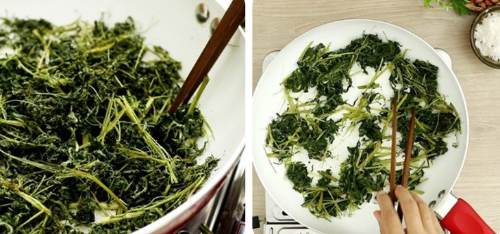 Rửa sạch lá ngải cứu sau khi luộc và vắt khô