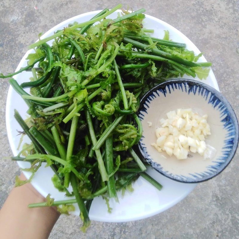 Rửa sạch rau dớn sau khi ngâm nước muối để đảm bảo vệ sinh trước khi chế biến món xào