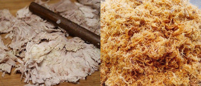Ruốc thịt lợn bông tơi sau khi giã bằng cối, sợi mềm và đẹp mắt