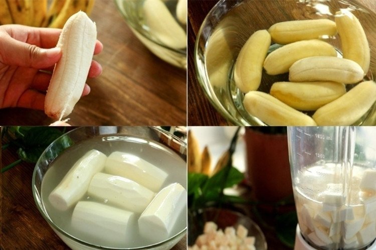 Sắn đã sơ chế và chuối để làm bánh sắn gói lá chuối hấp