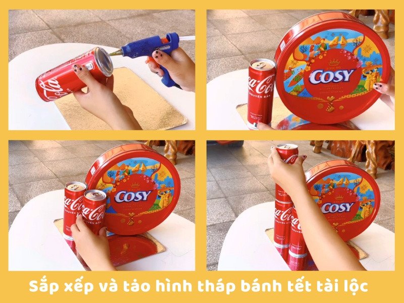 Sắp xếp các lon nước ngọt và bánh Cosy để làm tháp bánh đơn giản