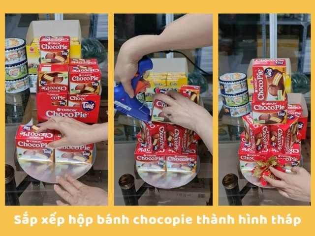 Sắp xếp hộp bánh Chocopie tạo hình tháp vững chắc
