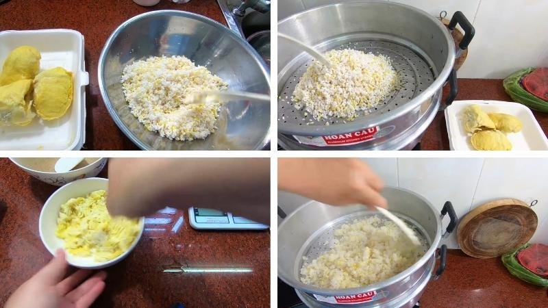 Sầu riêng và nước cốt dừa đang được nấu nhẹ lửa để tạo sốt kem đặc biệt cho xôi