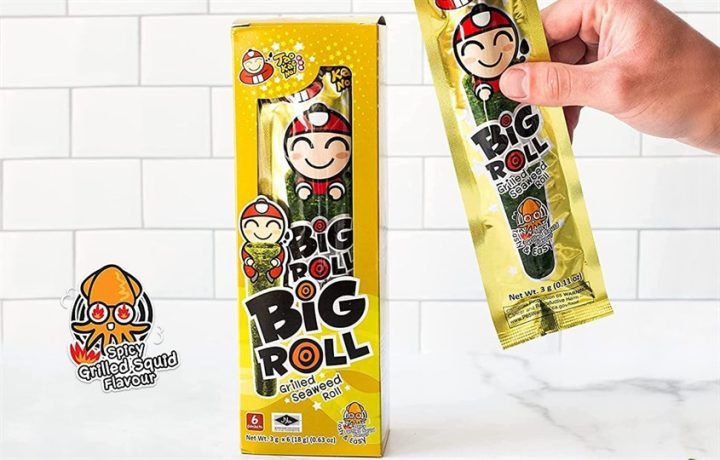 Snack rong biển Big Roll vị mực hấp dẫn, một lựa chọn ăn vặt tiện lợi.