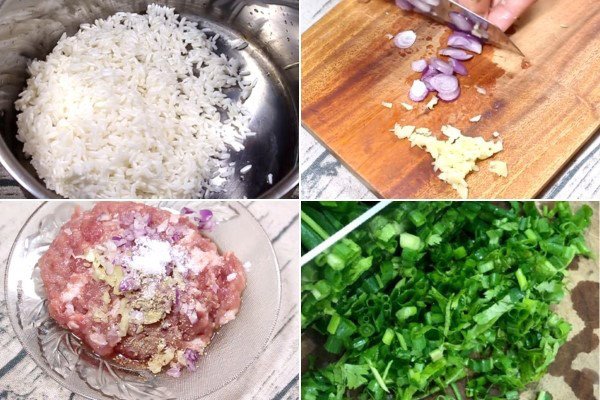Sơ chế bí đỏ và gạo trước khi nấu cháo bí đỏ