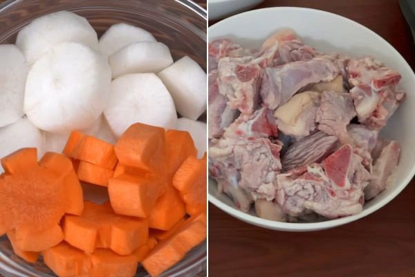 Sơ chế cà rốt, củ cải trắng và chần xương heo sạch sẽ để nấu nước dùng cho nui