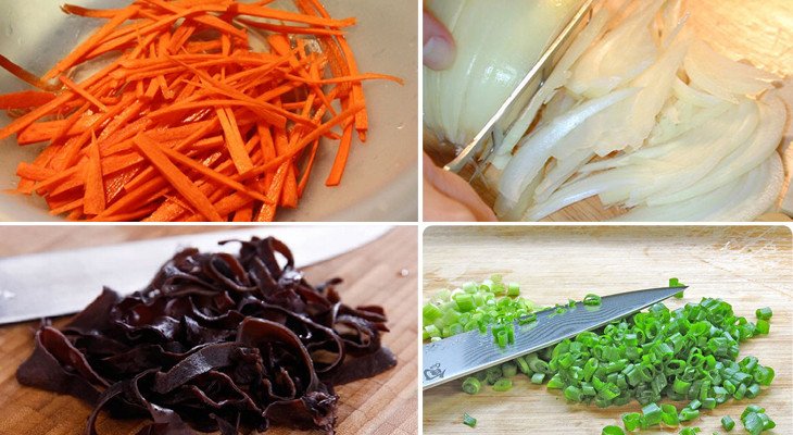 Sơ chế cà rốt, hành tây và nấm mèo cho món miến thịt heo xào tại Nấu Chuẩn Ăn Ngon