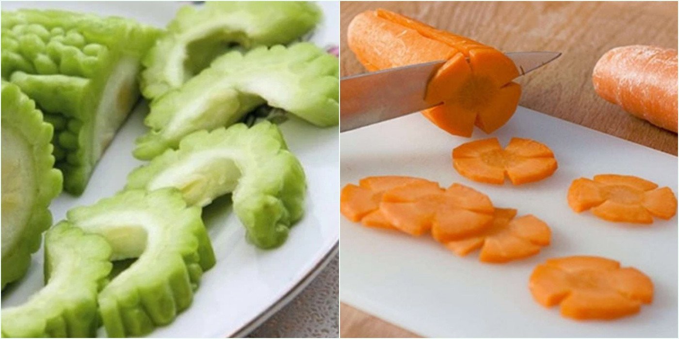 Sơ chế cà rốt và khổ qua thái miếng vừa ăn để xào trứng